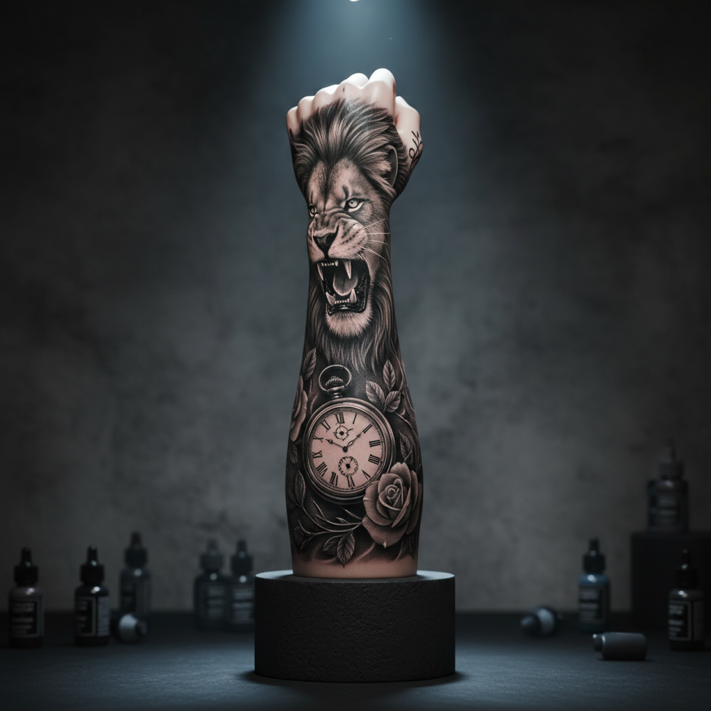 A close-up cinematic shot of a flawless synthetic forearm display mounted on a matte black pedestal, covered in hyper-realistic black and grey realism tattoos: a roaring lion, a detailed pocket watch, and delicate roses, all rendered with smooth gradients and meticulous linework. The arm is positioned in the center of a dimly lit studio with concrete walls and scattered ink bottles in soft focus. A single cool overhead spotlight carves sharp highlights along the contours of the tattoos, casting dramatic shadows onto the pedestal. Shot at eye level with a shallow depth of field, the background melts into bokeh, emphasizing the precision and depth of the artwork. The mood is bold and cinematic, with a high-contrast, photographic realism style that screams mastery and refinement.