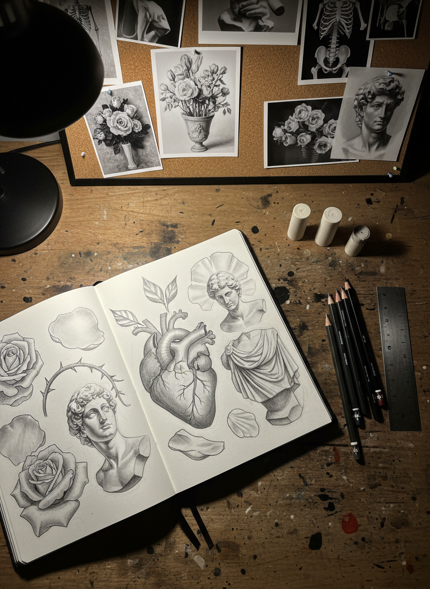 An open sketchbook lying on a rough, charcoal-stained wooden desk, its pages filled with detailed pencil concept art for realism tattoos: layered roses, anatomical hearts, and fragmented statues drawn with crisp lines and deep shadows. Beside the sketchbook, high-end graphite pencils, blending stumps, and a metal ruler are arranged with deliberate precision. In the background, a large corkboard covered in pinned photo references and grayscale studies fades softly out of focus. A warm, directional desk lamp casts intense, cinematic light from the left, creating high-contrast highlights on the paper and deep, dramatic shadows that stretch across the desk. Shot from directly above in a cinematic top-down composition, the scene feels like a behind-the-scenes look at a master’s process—bold, focused, and meticulously crafted in a realistic, high-definition style.