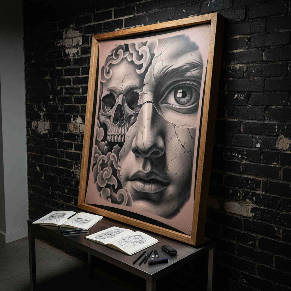 A large, stretched synthetic skin panel mounted on a custom wooden frame, filled edge-to-edge with black and grey realism tattoos: a detailed skull half-submerged in smoke, a classical statue fragment, and a hyper-detailed eye with realistic reflections. The panel leans against a dark, weathered brick wall in a minimalist studio corner, with scattered sketchbooks and graphite pencils lying nearby on a low metal table. Soft, focused studio lighting from above emphasizes the subtle tonal transitions and fine shading techniques, casting gentle shadows that reveal the texture of the synthetic skin. Filmed in a cinematic, three-quarter angle with a medium depth of field, the panel dominates the frame while the surroundings remain slightly blurred. The mood is bold and introspective, celebrating technical mastery and the art of black and grey realism.